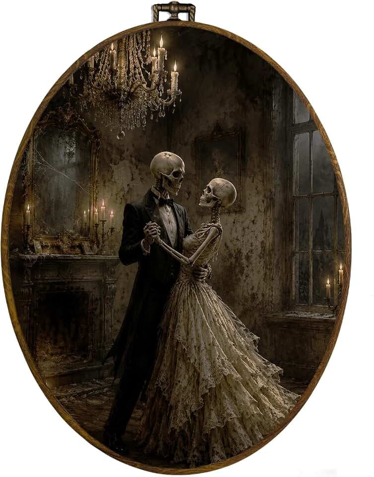 dvhdajed Halloween Skeleton Couple Oval Wall Art Framed Decor 8.7x11.3 Inch