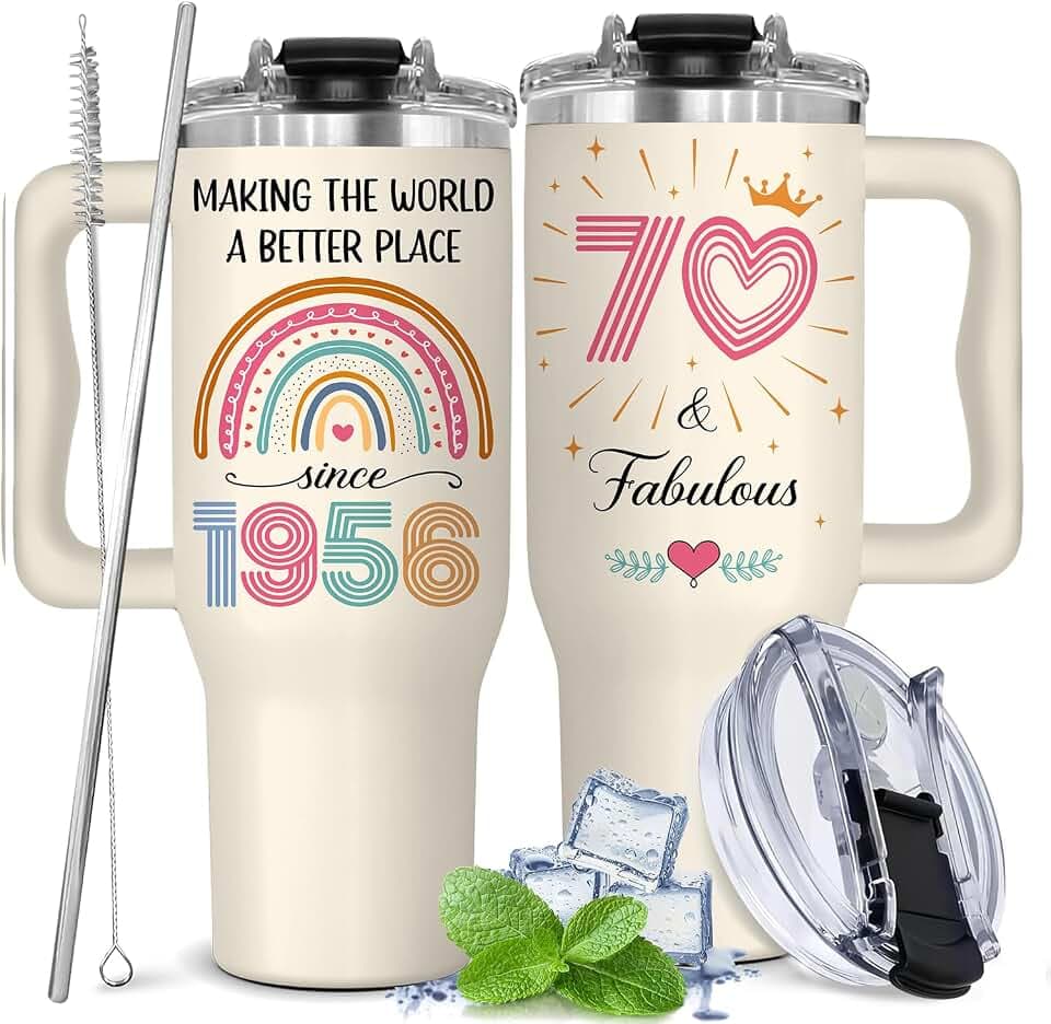 GLAKEUN 70th Birthday Gifts for Women - 70th Birthday Decorations For Her, Woman - 70 and Fabulous - 1956 Bday Gifts Cups for Women - 1956 Present Gifts For Grandma Mom - Turning Seventy Tumbler 40oz
