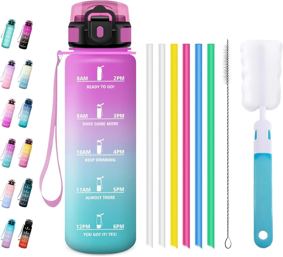 Wasserflasche Sport 1L, Motivierende Trinkflasche mit Zeitmarkierung, mit Strohhalm, Auslaufsicher, Kohlensäure Geeignet, für Camping, Gym