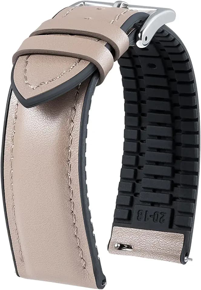 BINLUN Leder Silikon Uhrenarmbänder 14mm 16mm 18mm 19mm 20mm 21mm 22mm Schnellverschluss Hybrid Gummi Lederarmband für Smartwatches 6 Farben Herren Damen（Beige,22mm,Silberne Schnalle