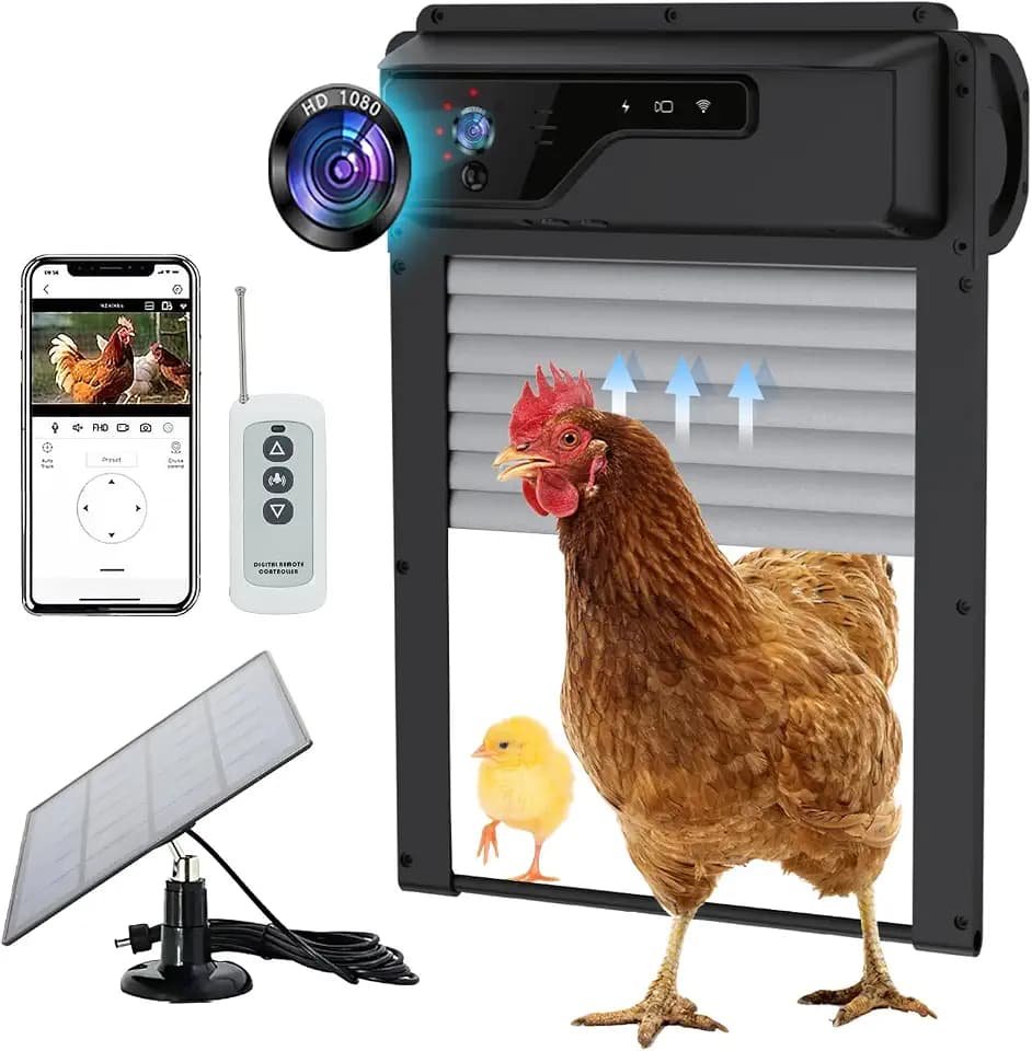 Automatic Chicken Coop Door with HD Camera | Solar Powered 5000mAh Battery | Remote, Timer & Anti-Pinch Sensor | App-Controlled Monitoring Door Opener (Black)
