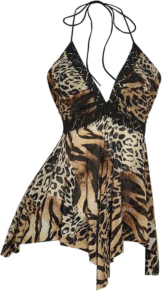 BEAUDRM Women's Y2k Cheetah Print Top Leopard Flowy Halter Going Out Tops