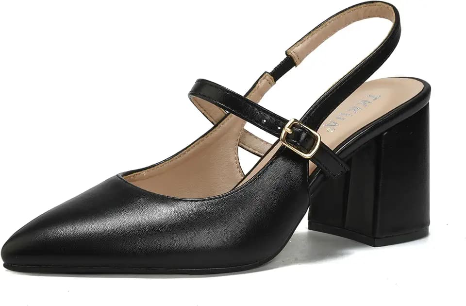 Women's Pointed Toe Slingback Mary Jane Pumps, 3-Inch Block Heel