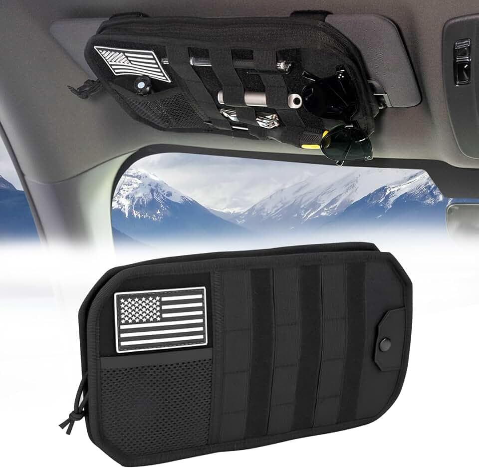 Hiseanllo Car Sun Visor Organizer, Multi-Pocket Visor Organizer Storage Pouch with Zippers, Elastic Bands & Glasses Clip, Car Visor Accessories