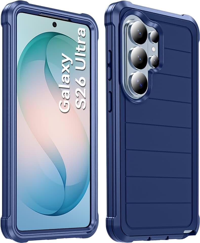Hensinple for Samsung Galaxy S26 Ultra Case, Heavy Duty Military Grade Shockproof with Port Cover,2-Layer Rugged Galaxy S26 Ultra Case Grip, Bumper Protective Phone Cover Raised Camera Lip,Blue
