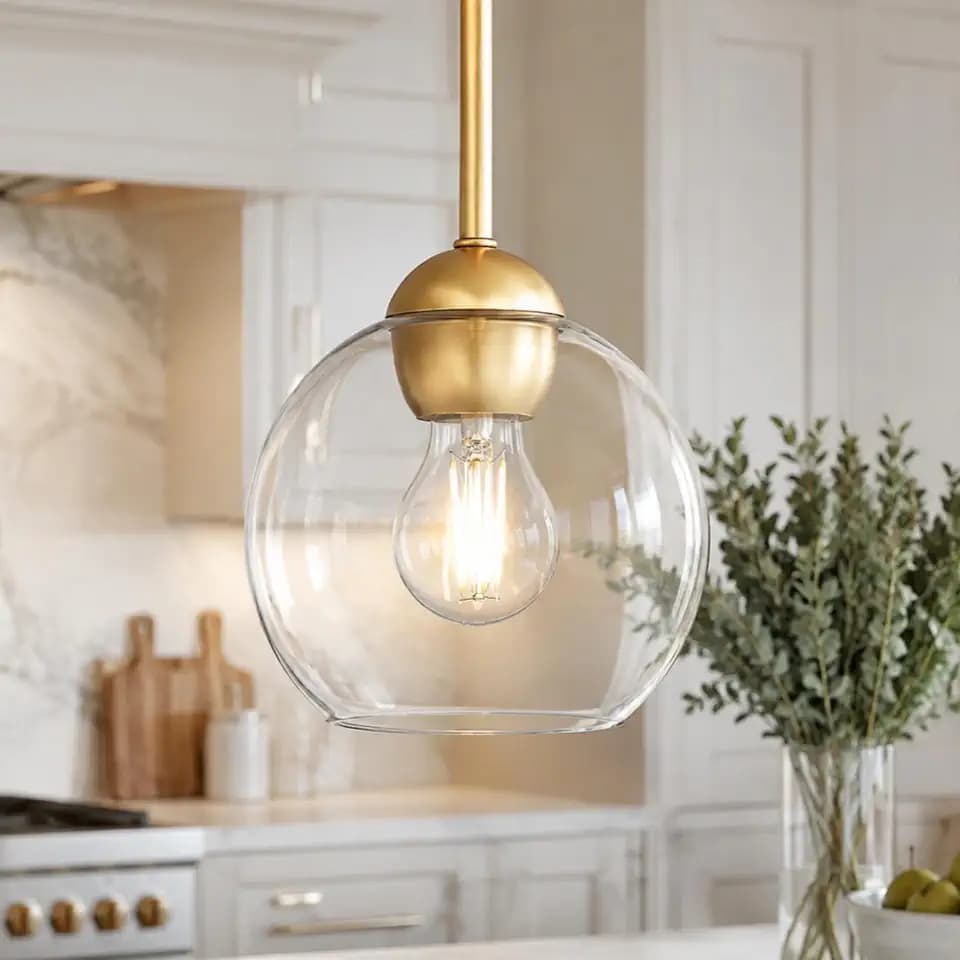 Emak Modern 7 Inch Globe Pendant Lights, Industrial Gold Pendant Light Fixtures, 1-Light Hanging Lights with Clear Glass Shade for Kitchen Island, Bedroom, Bathroom, Dining Room, Hallway, PL119-GD