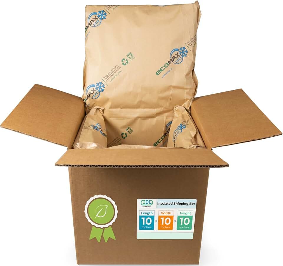 IDL Packaging 10" x 10" x 10" Insulated Shipping Box, 1.5-Gallon Capacity, Pack of 1 - Includes EcoMax™ Thermal-Paper Liners, Absorb Condensation - For Frozen Food, Meat, or Fish