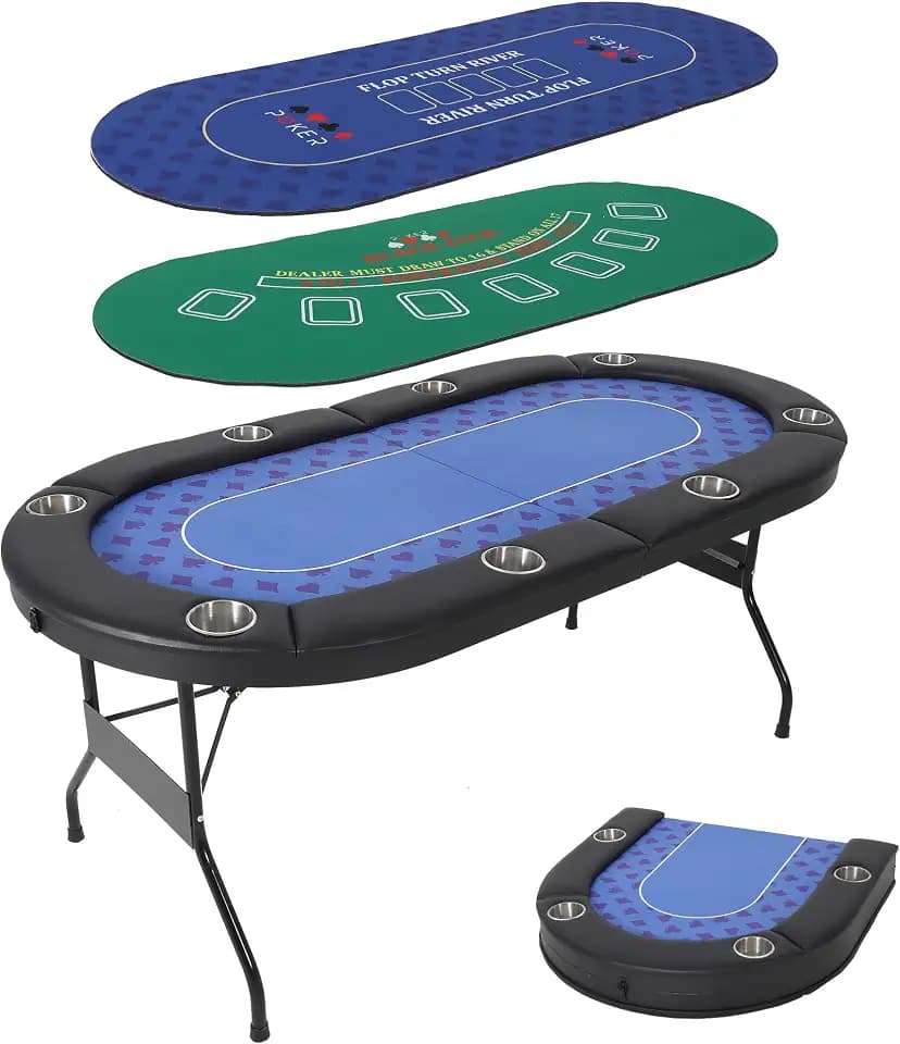 Garvee 8 Player Poker Table with 2 Interchangeable Game Mats,Texas Holdem and Blackjack,Collapsible Casino Table with Deepen Cup Holders & Padded Rails,No Assembly Instant Play, for Home Party