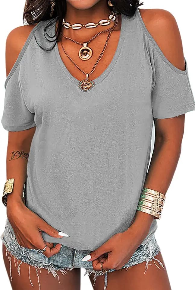 Eurivicy Womens Summer Cold Shoulder T-Shirt Casual Short Sleeve V Neck Top