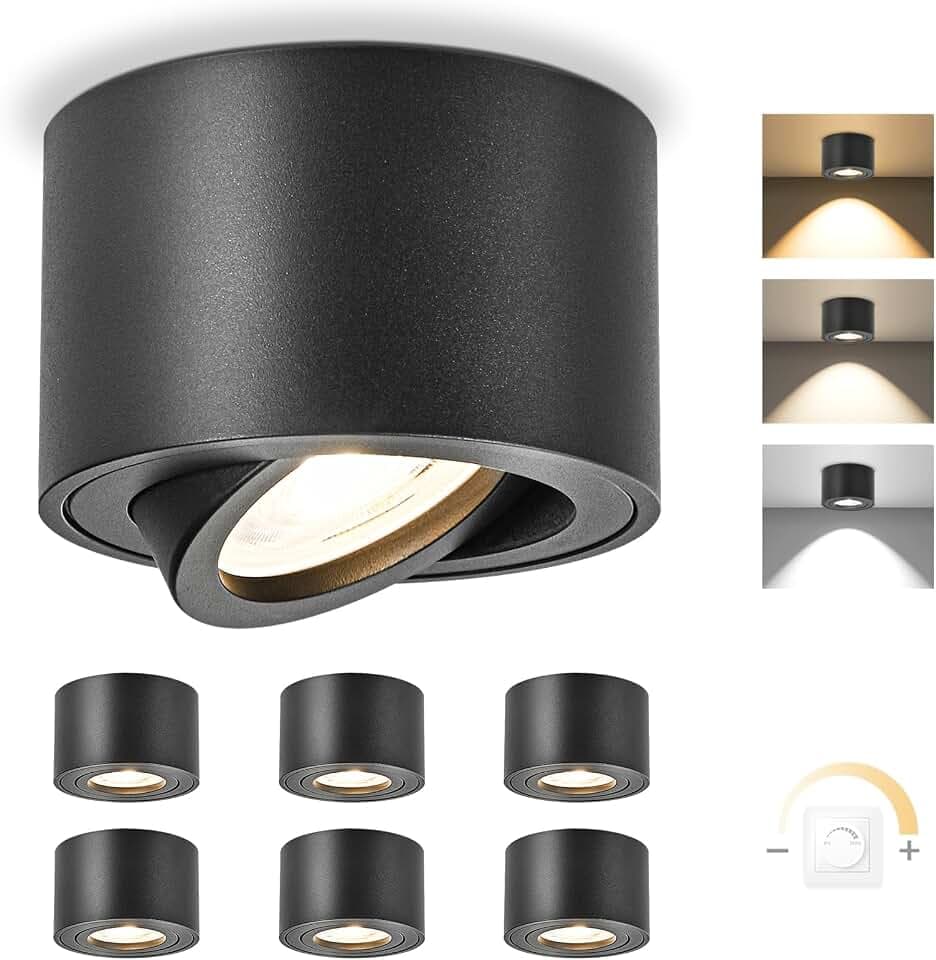 YindaLux 6x 3CCT LED Aufbauspot Schwarz, Ø80x50mm & 30° Drehbar Deckenspots | inkl. 5W 500LM Dimmbar LED Modul 230V, Extra Flach Aufputz Aufbaustrahler für Wohnzimmer, Schlafzimmer und Küche
