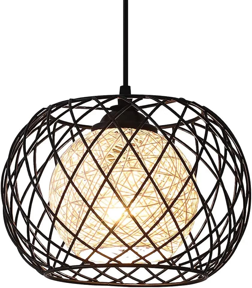 Black Metal Cage Rattan Pendant Light,Modern Farmhouse Boho Spherical Hanging Light Fixture, Woven Wicker Shade Kitchen Island Pendant Lighting for Dining Room Bar