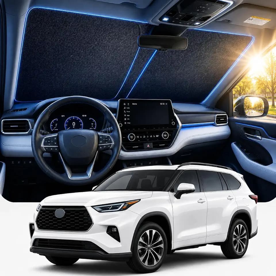 [2026 Upgraded] DooGooCoo Windshield Sun Shade for Toyota Highlander 2020-2025 2026 [Cooling Ice-Crystal, 100% Sun Block ] Windshield Sun Shade for Highlander Sun Shade, Custom Fit for Highlander.