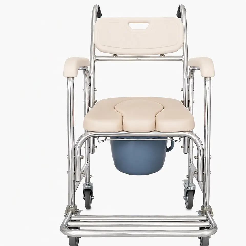 3-in-1 Bedside Commode Chair with Wheels, Footrests & Bucket, Beige