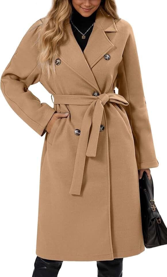 Maeau Langer Mantel aus Tweed, für Damen, zweireihig, Herbst, Winter, lange Jacke, warm, elegant, lässig, langer Trenchcoat mit Gürtel, Größe S bis XL