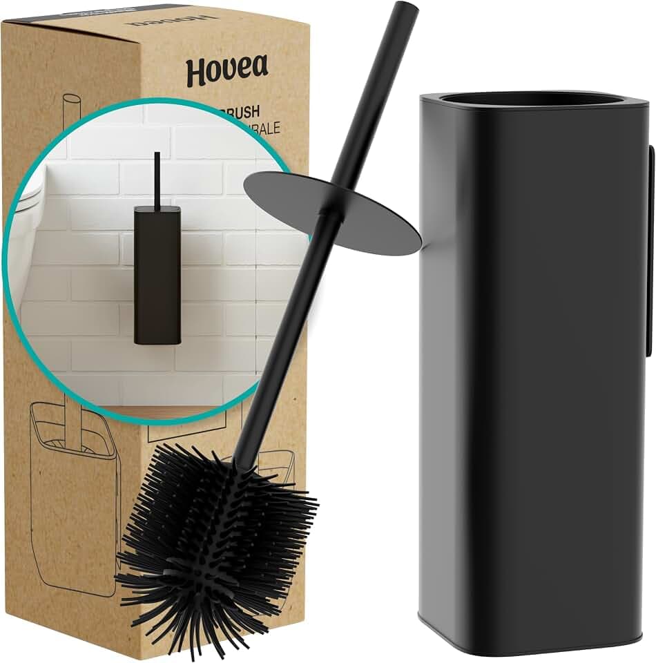 Klobürste Wandmontage Schwarz - Toilettenbürste Silikon & Metall - Wand WC-Bürste Ohne Bohren - Wandbefestigung mit Sticker oder Schraube - Klobürstenhalter - WC3680