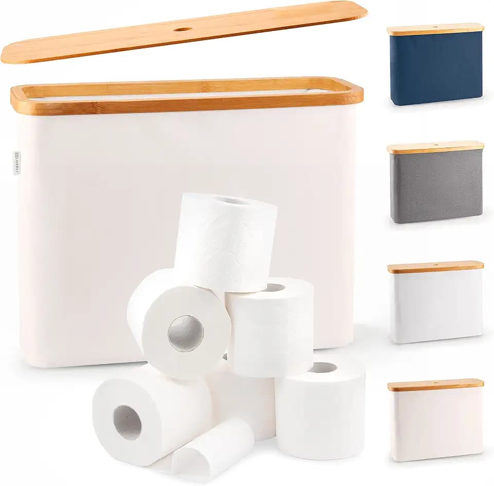 LONBET Toilettenpapier Aufbewahrung Box mit Deckel aus Bambus, 12 Rollen, Stapelbar, Wasserdicht, Antibakteriell & Atmungsaktiv, Aufbewahrung Badezimmer, Beige 45x15x34.5cm