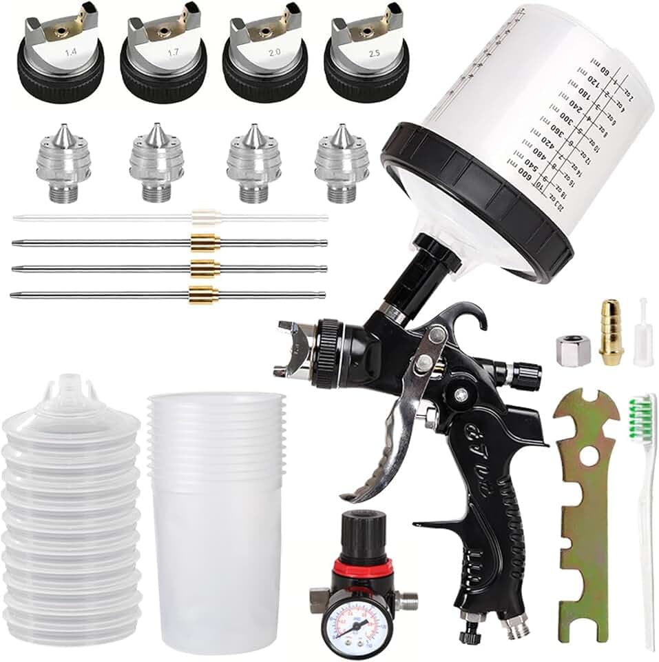 Lackierpistole Druckluft mit 10 Farbmischbecher, Spritzpistole Lackierpistole Kit, Schwarze Sprühpistole inkl.4 Düsen (1,4/1,7/2,0/2,5mm) (600ml Einweg-Cups)​