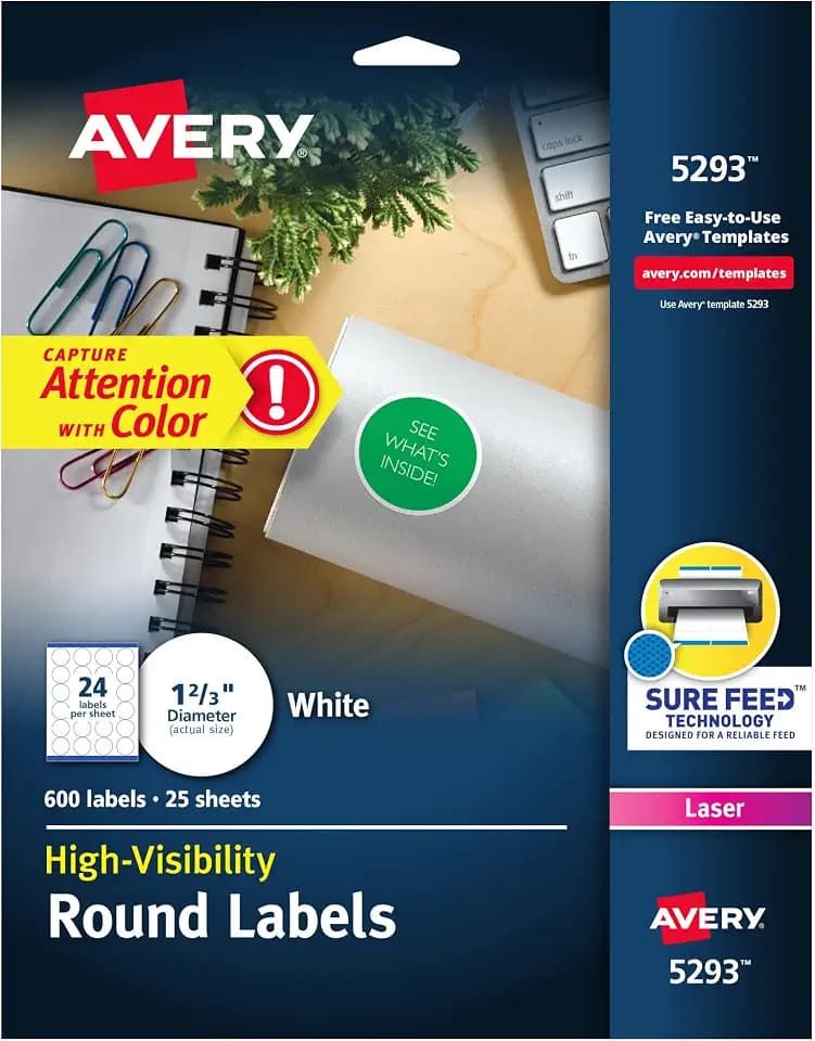 Avery® Round Printable Labels, 1-2/3" Diameter, Matte White, Sure Feed® Technology, Laser & Inkjet Compatible, 600 Blank Labels Total, Great for Branding, Packages, School Supplies, and More (5293)