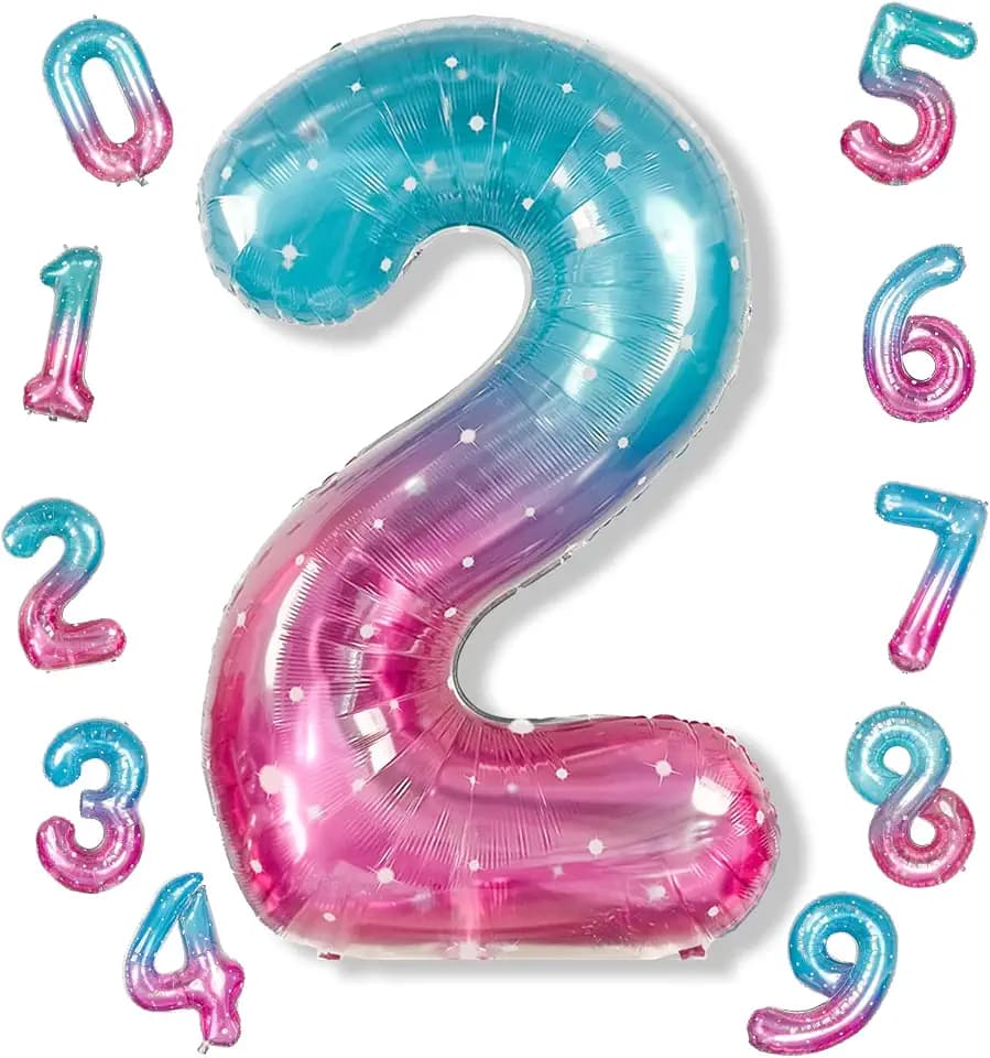 Mermaid 2 Balloons, 40 Inch Giant Rainbow Starry Helium Mylar Foil Number 0-9, Purple Teal 2nd Birthday Balloon for Girls, Blue Pink Morados Numero Two Balloons for Women Anniversary Party Decorations