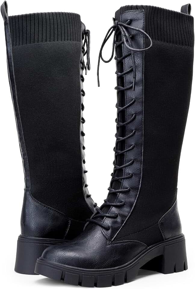 Vepose Women's Lace Up Platform Chunky Heel Knee High Combat Comfort Boots