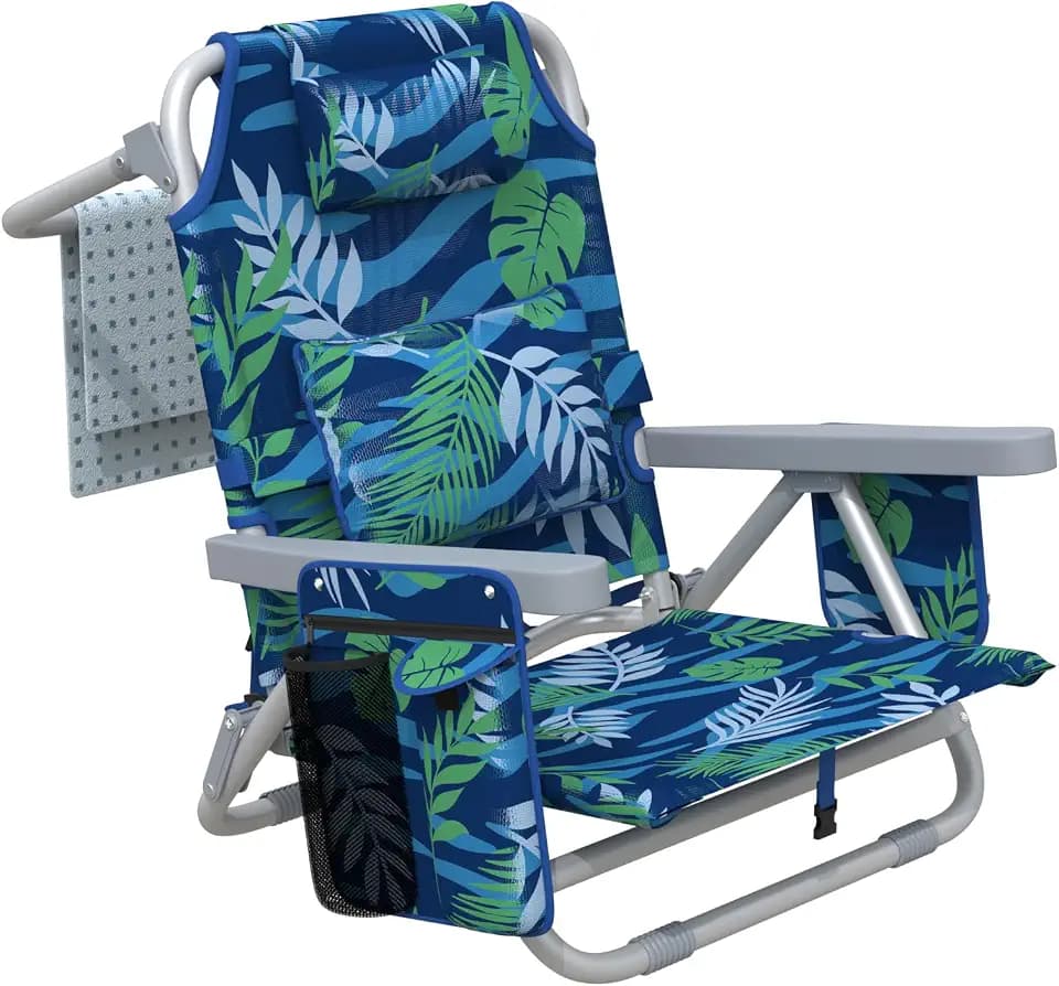 ZENPETIO Backpack Beach Chair Reclining with 5 Adjustable Positions, Built-in Cooler & Backpack Straps - Portable Folding Beach Chairs for Adults, for Camping, Pool, Travel