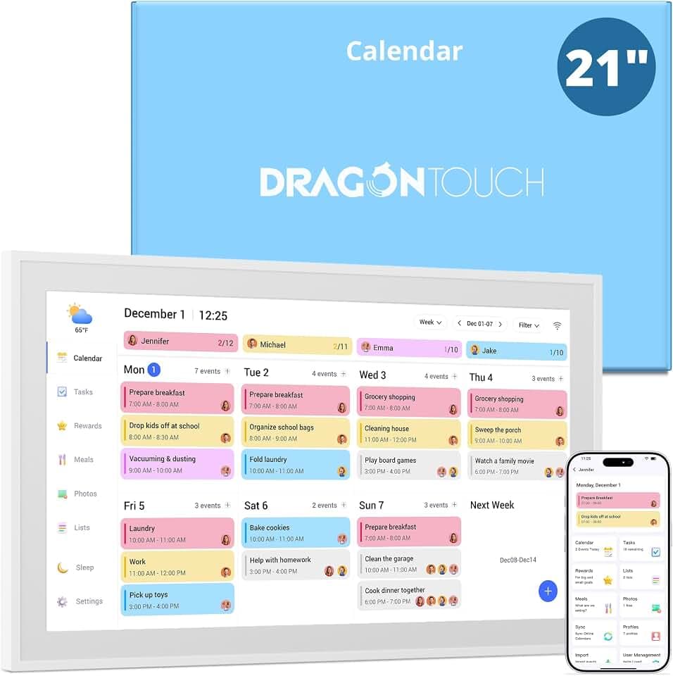 Dragon Touch 21.5 inch Digital Calendar Chore Chart – Interactive Touchscreen, Smart Family Planner, Hearth Display Desk Digital Calendar Seamless Scheduling