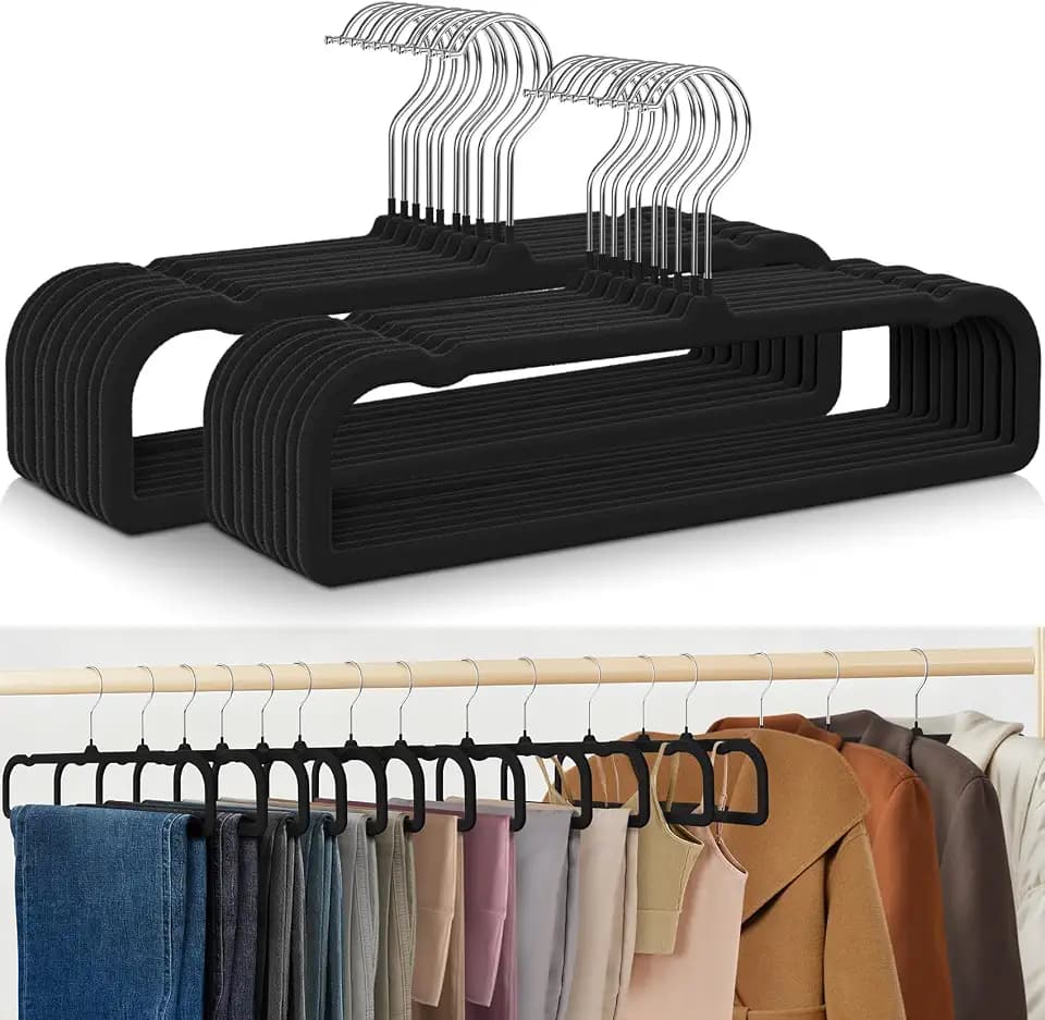 30 Pack Black Velvet Hangers Non Slip, Felt Pants Hangers Thin Space Saving