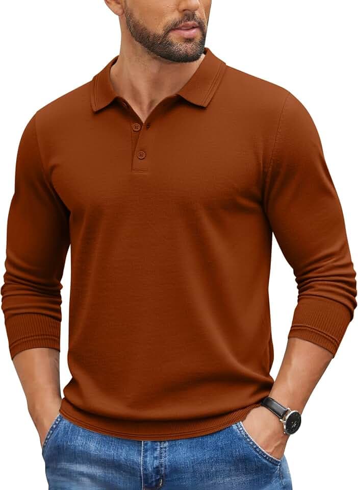 COOFANDY Mens Knit Polo Sweater Long Sleeve Casual Golf Polo Lightweight Dress Button Collar Pullover Sweaters