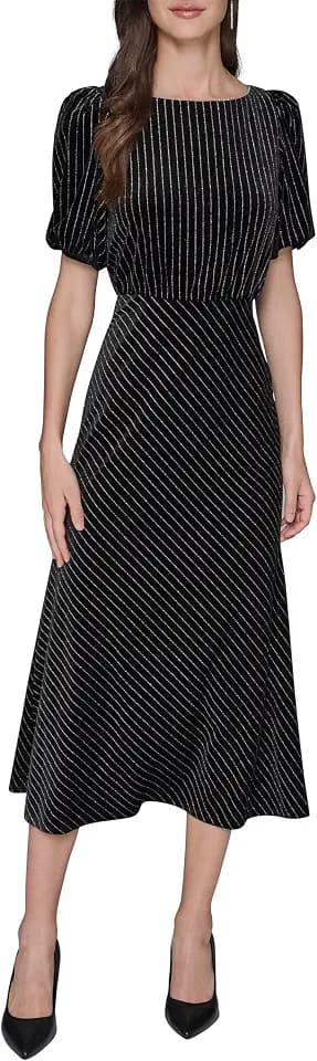 Karl Lagerfeld Women's Short Sleeve Velvet Pinstripe Midi Dress