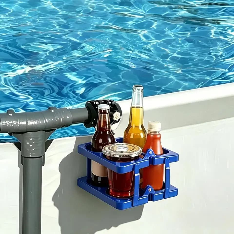 Poolside Storage Basket with 4 Cup Holder, Foldable Pool Drink Holder, Blue