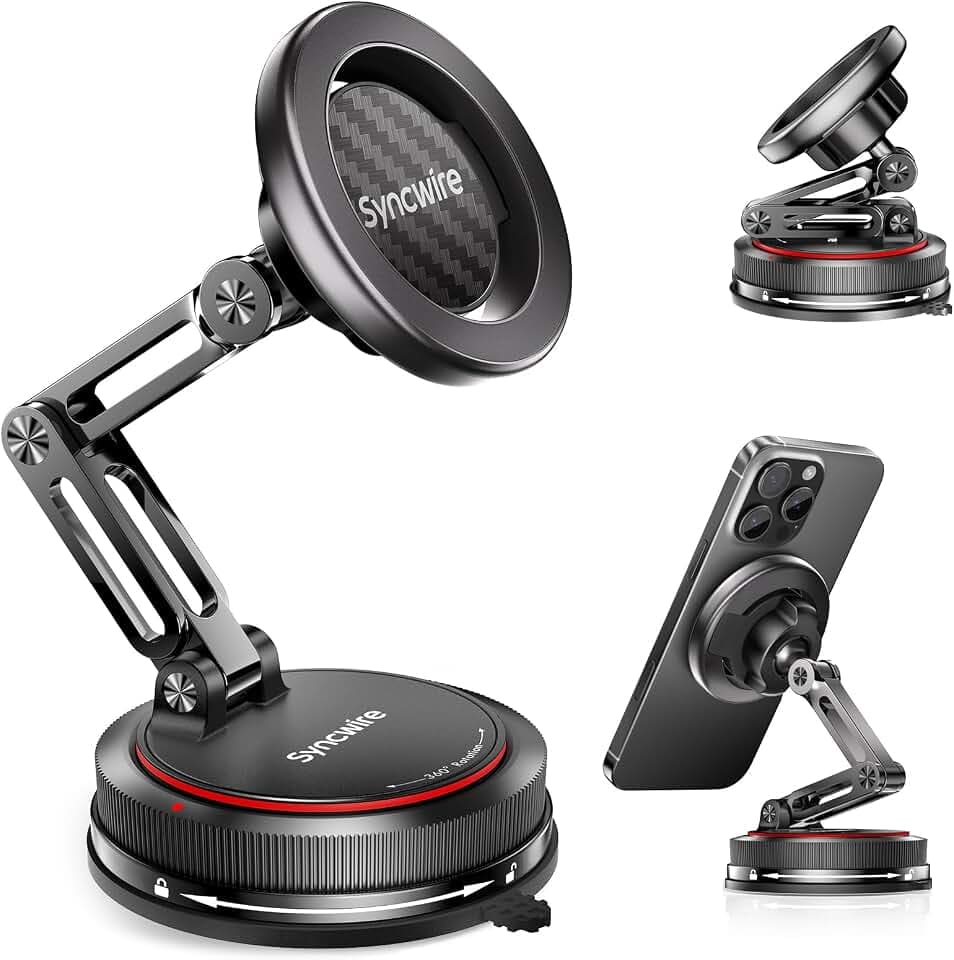 SYNCWIRE Magnetische Auto Handyhalterung für MagSafe [3-Achsen], Nano Klebegel + Starker Saugnapf für Armaturenbrett & Scheibe, 360° Drehbar für iPhone 17 16 15 14 13 12 11 & Samsung, Carbon-Optik