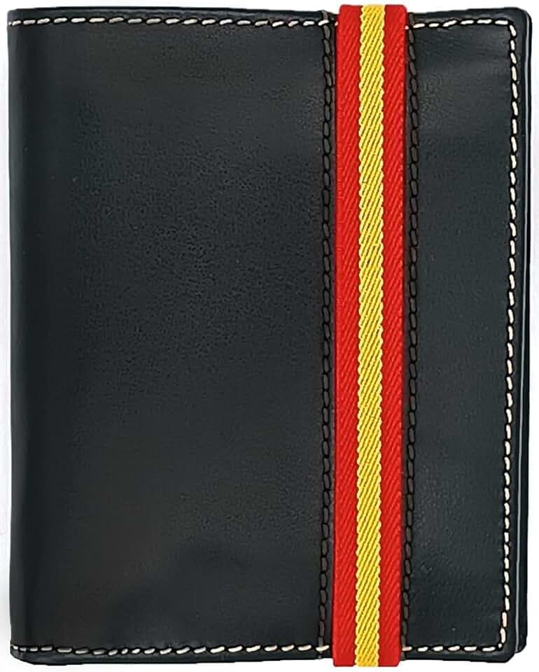 Geldbörse für Herren, klein, mit spanischer Flagge, aus schwarzem Leder, Kreditkartenetui aus echtem Leder, hergestellt in Spanien, Schwarz , zierlich, Vertikal