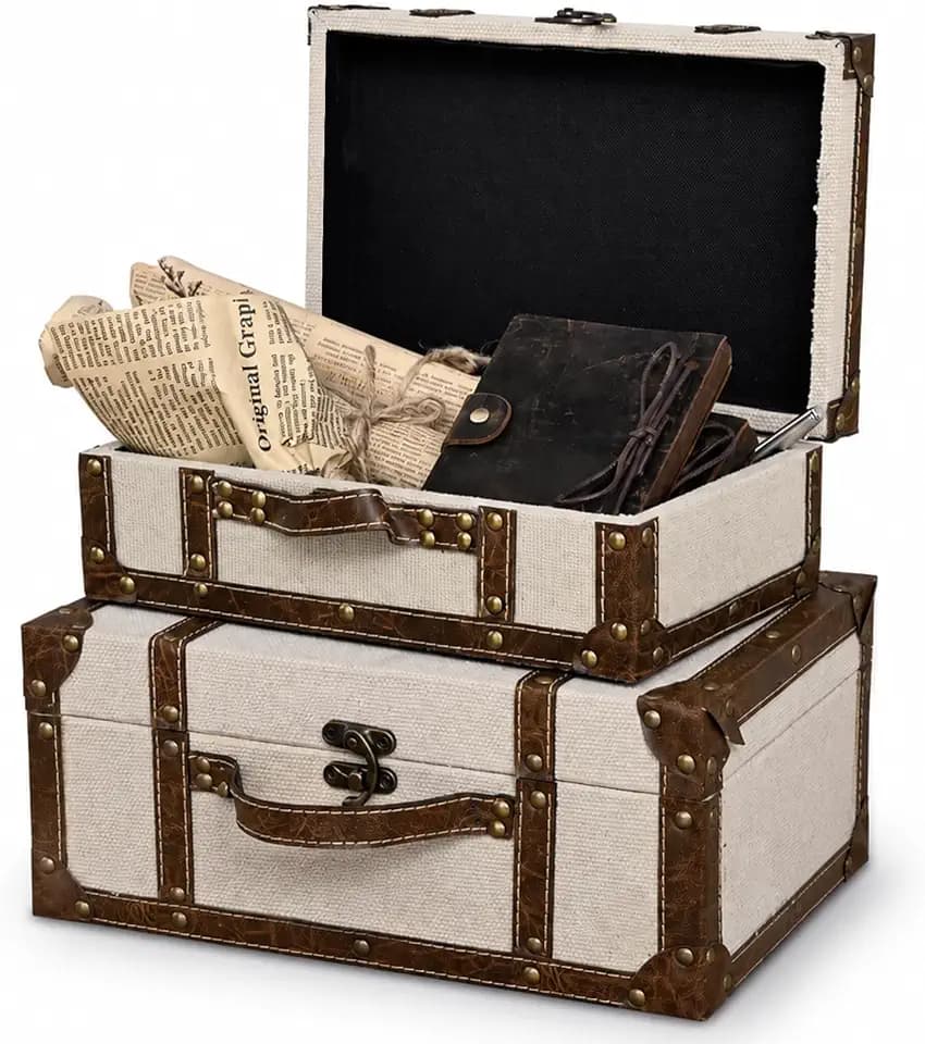 Vintage Linen Fabric Decorative Box Set of 2 Keepsake Chests,14" & 12"