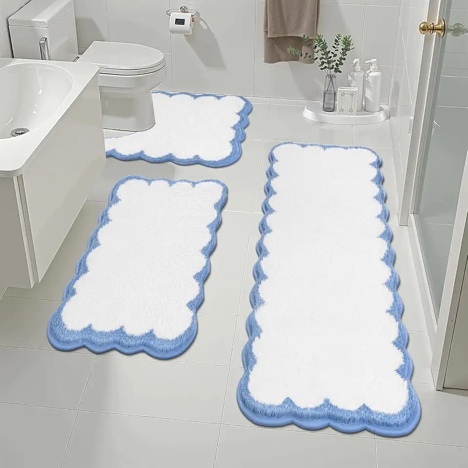 Pauwer 3 Piece Bathroom Rug Set, Non Slip Bath Rugs, White and Blue
