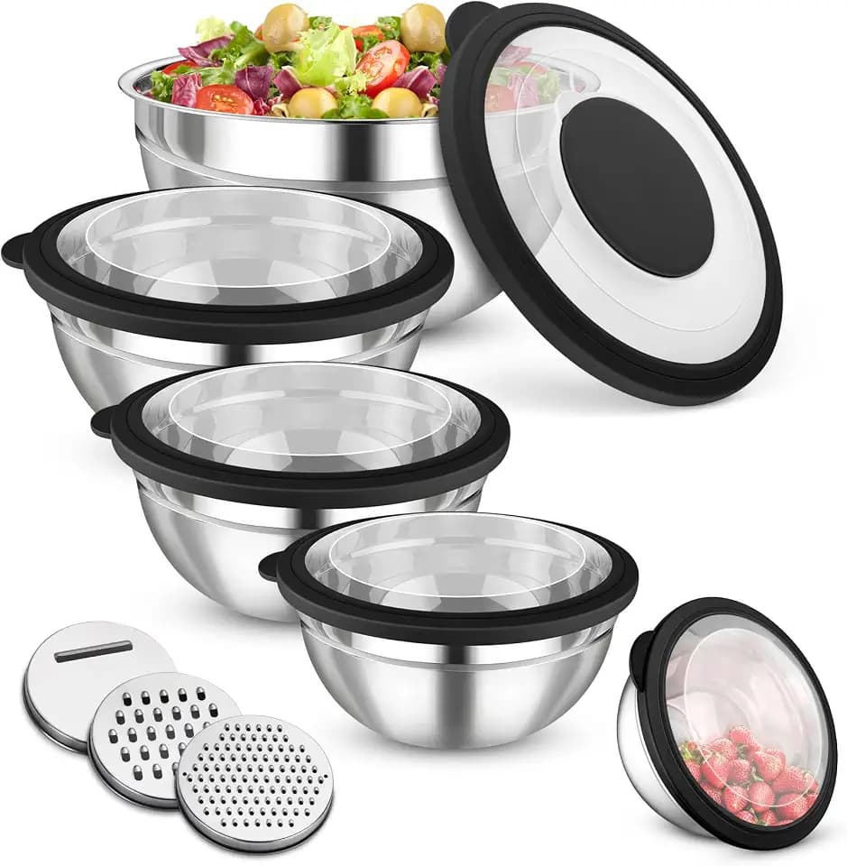 Onader Rührschüssel 5er Set, Edelstahl Salatschüssel mit Deckel, Schwarz