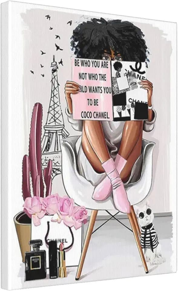 Fashion Poster African American Wall Art,Black Art Woman Painting Home Decor Girl Reading Magazine (pink 1, 16x24inch)