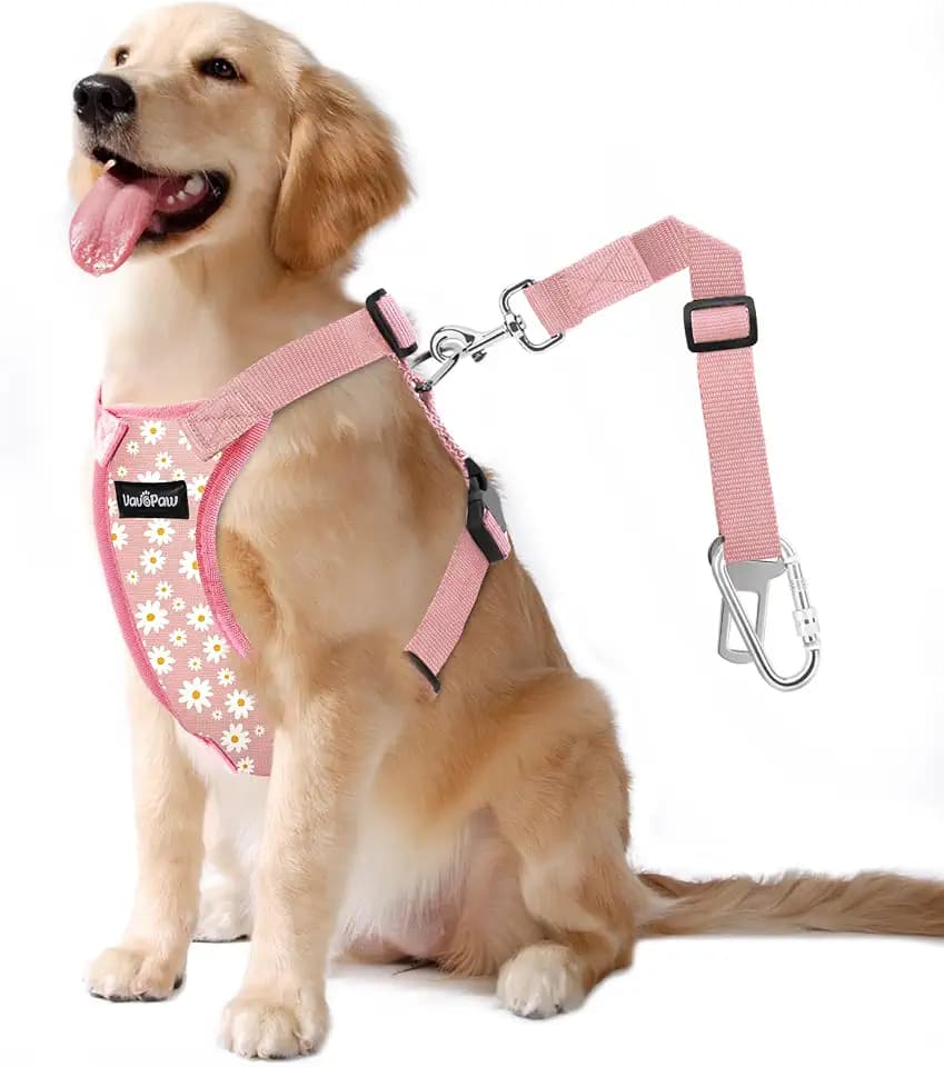 VavoPaw Dog Seat Belt, Safety Vest Dog Car Harness with Adjustable Buckle Dog Seat Belt for Vehicle Nylon Pet Safety Seat Belts Heavy Duty(XL, Pink Daisy)