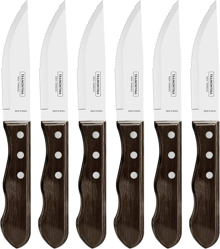 Tramontina JUMBO 6 Steakmesser, Wellenschliff, rostfreier Edelstahl, scharf, spülmaschinenfest, FSC-zertifizierte Holzgriffe, ergonomisch, 6-teiliges Set, Messerset