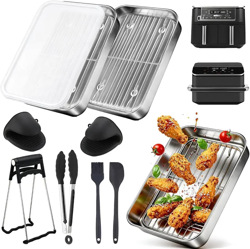 Auflaufform Airfryer aus Edelstahl 304, 8 Airfryer Zubehör, Tablett, Deckel, Grillrost, Silikonpinsel, Silikonspatel, Schüsselklammern, Kompatibel mit Modelle AF500EU, AF400EU, SL400EU, DZ400EU Usw