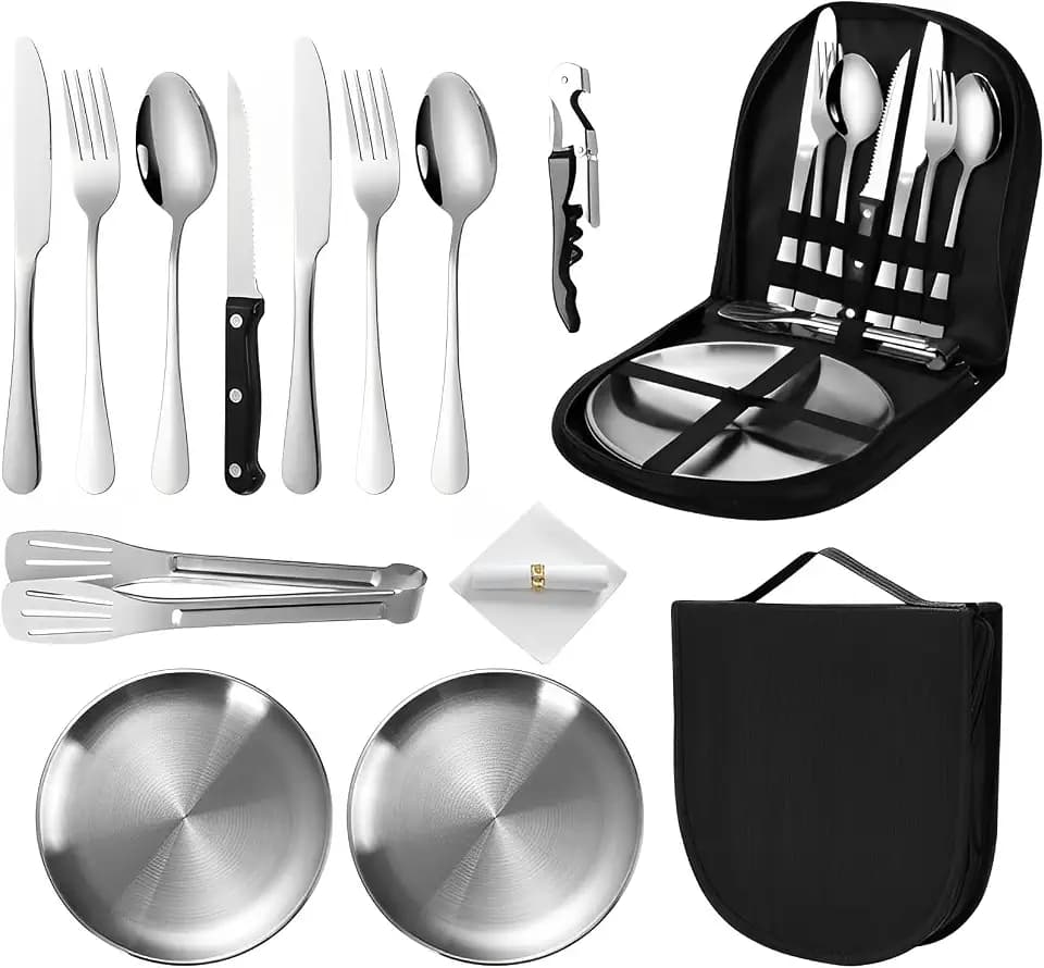 Camping Geschirr Set 2 personen13-teilig, Tragbar Verdickt Edelstahl Outdoor-Geschirr für Camping,Picknick