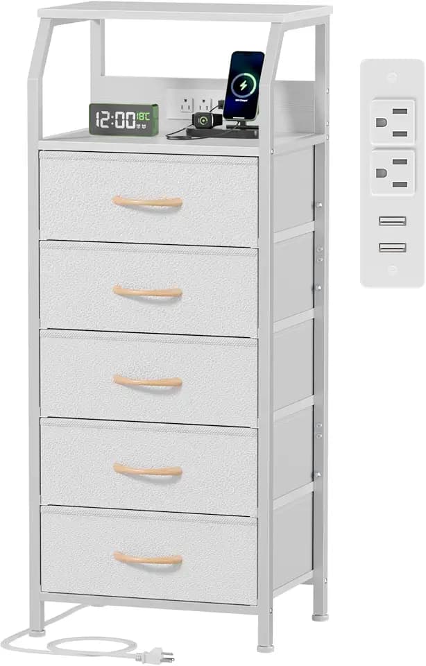Furnulem 5 Drawers Dresser with Charging Station, Tall Nightstand, White