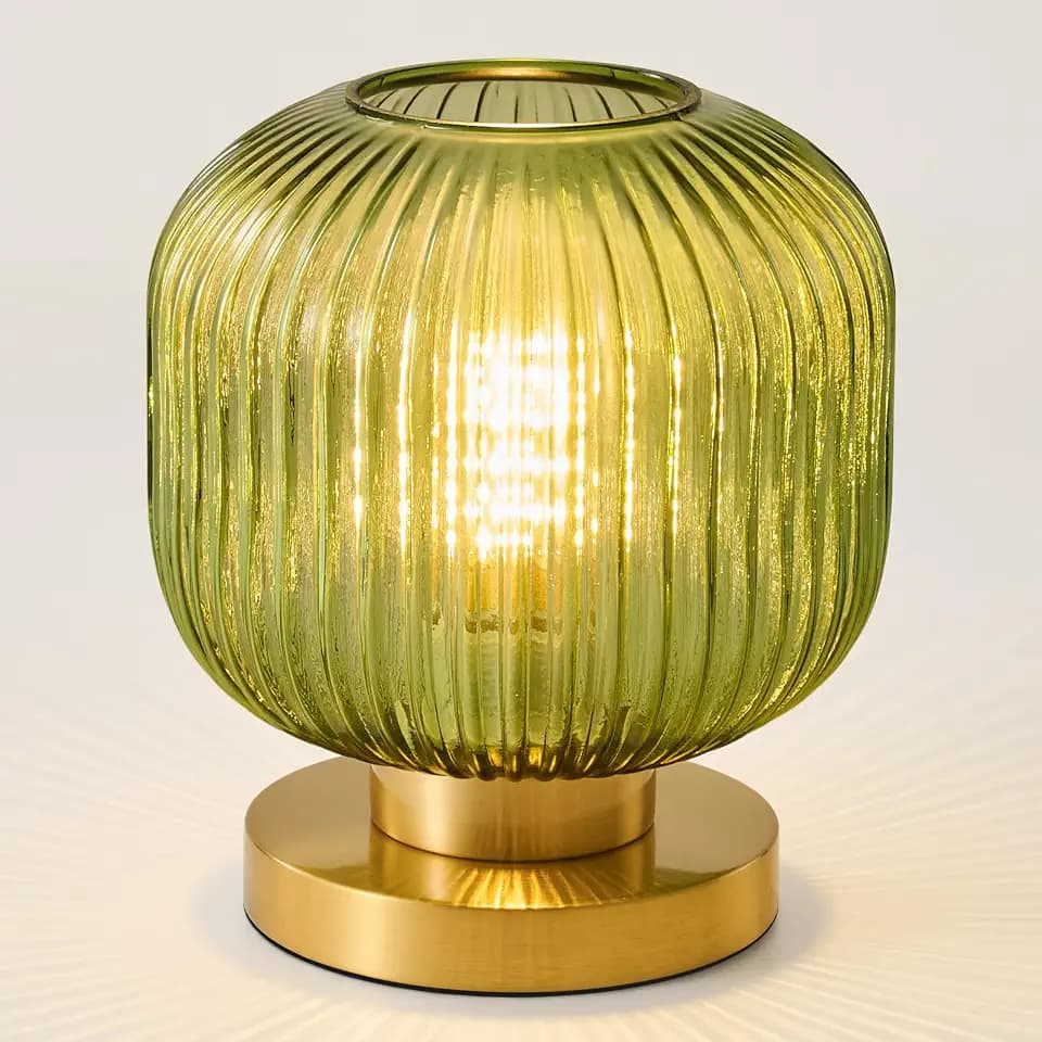 Green Glass Table Lamp,Vintage Gold Base Ribbed Bedside Lamp
