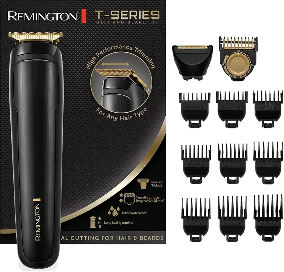 Remington Haarschneidemaschine Profi [Turbo Motor Funktion, Lithium Akku, 4h Laufzeit, Netz- & Akkubetrieb] T-Series 2in1: Barttrimmer & Haarschneider (9 Aufsteckkämme 1,5-25mm & Rasierer+Bart) MB7050