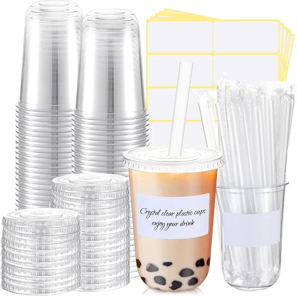 Ziliny 25 Sets Clear Plastic Cups with Lids, Straws and Stickers,16 oz