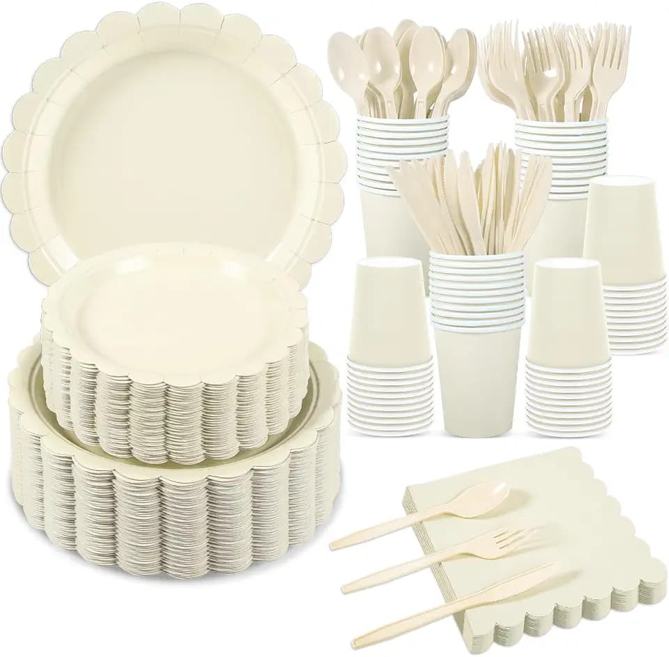 50 Set Disposable Dinnerware Sets Ivory Scalloped Plates Napkins