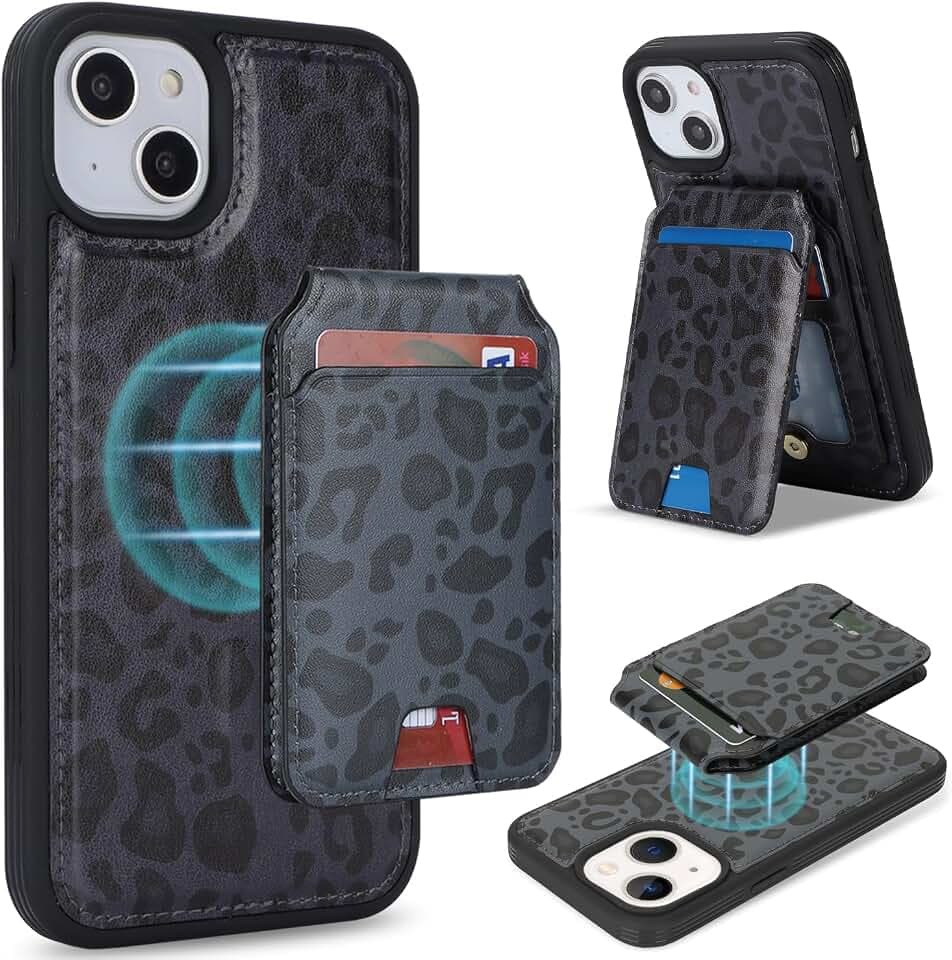 Ｈａｖａｙａ für iPhone 15 Plus Hülle Kompatibel mit Magsafe für iPhone 15 Plus Hülle Kartenfach Abnehmbar 2 in 1 geldbörse Herren und Damen - Schwarzer Leopardendruck
