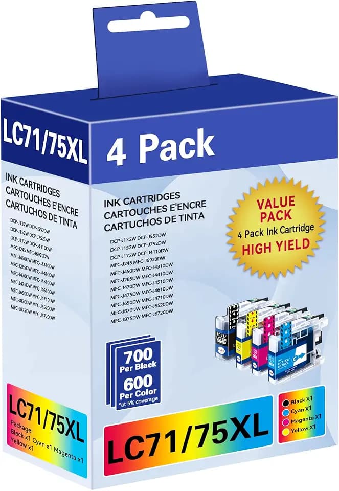 LC71 LC75 LC79 High Yield Compatible Ink Cartridge Replacement for Brother LC75 LC71 LC79 XL Work with MFC-J6510DW MFC-J6710DW MFC-J6910DW MFC-J280W (Black, Cyan, Magenta, Yellow)