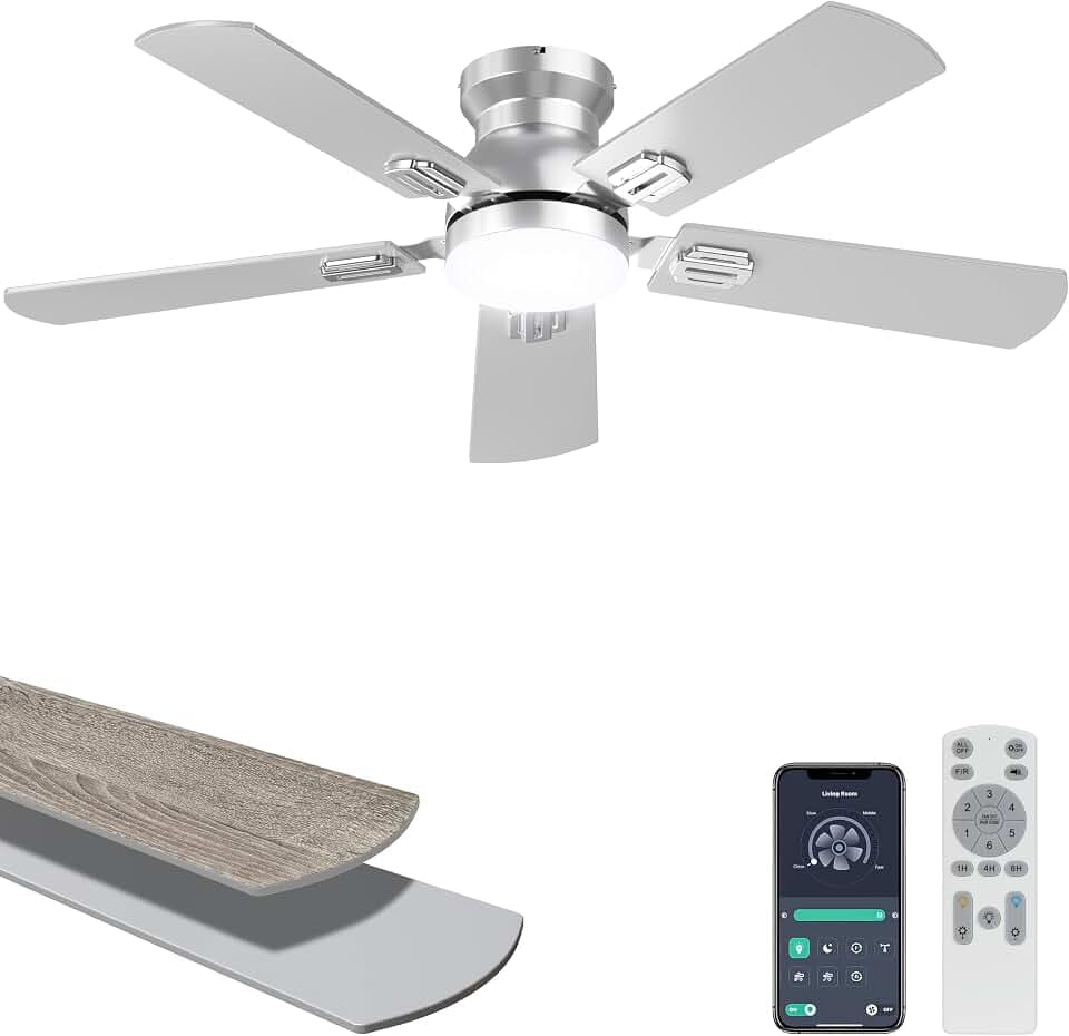 Ohniyou 42'' Silver Low Profile Ceiling Fan with Lights, Remote/APP Control
