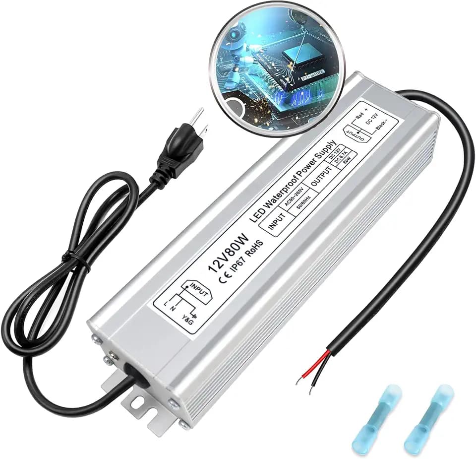 inShareplus 12V LED Power Supply, 80W IP67 AC 110-260V to DC 12 Volt Waterproof Power Supply, DC 12V 6.66A Low Voltage Transformer Driver with 3-Prong Plug for LED Outdoor Light, Computer Project