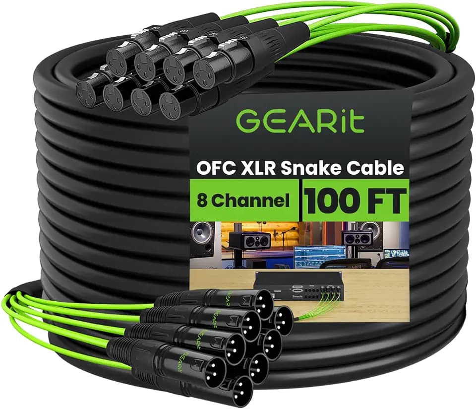GEARit Audio Snake 100 ft 8 Channel, XLR Snake Balanced Multicore Cable with OFC Conductors, Metal XLR Connectors & Numbered Labels for Stage-to-Mixer Runs, Live Bands, Churches, Venues & PA Systems